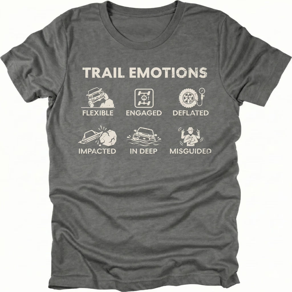 Grey t-shirt featuring Trail Emotions icons including flexible, engaged, deflated, impacted, in deep, and misguided trail situations by Trail Snark.