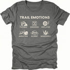 Grey t-shirt featuring Trail Emotions icons including flexible, engaged, deflated, impacted, in deep, and misguided trail situations by Trail Snark.