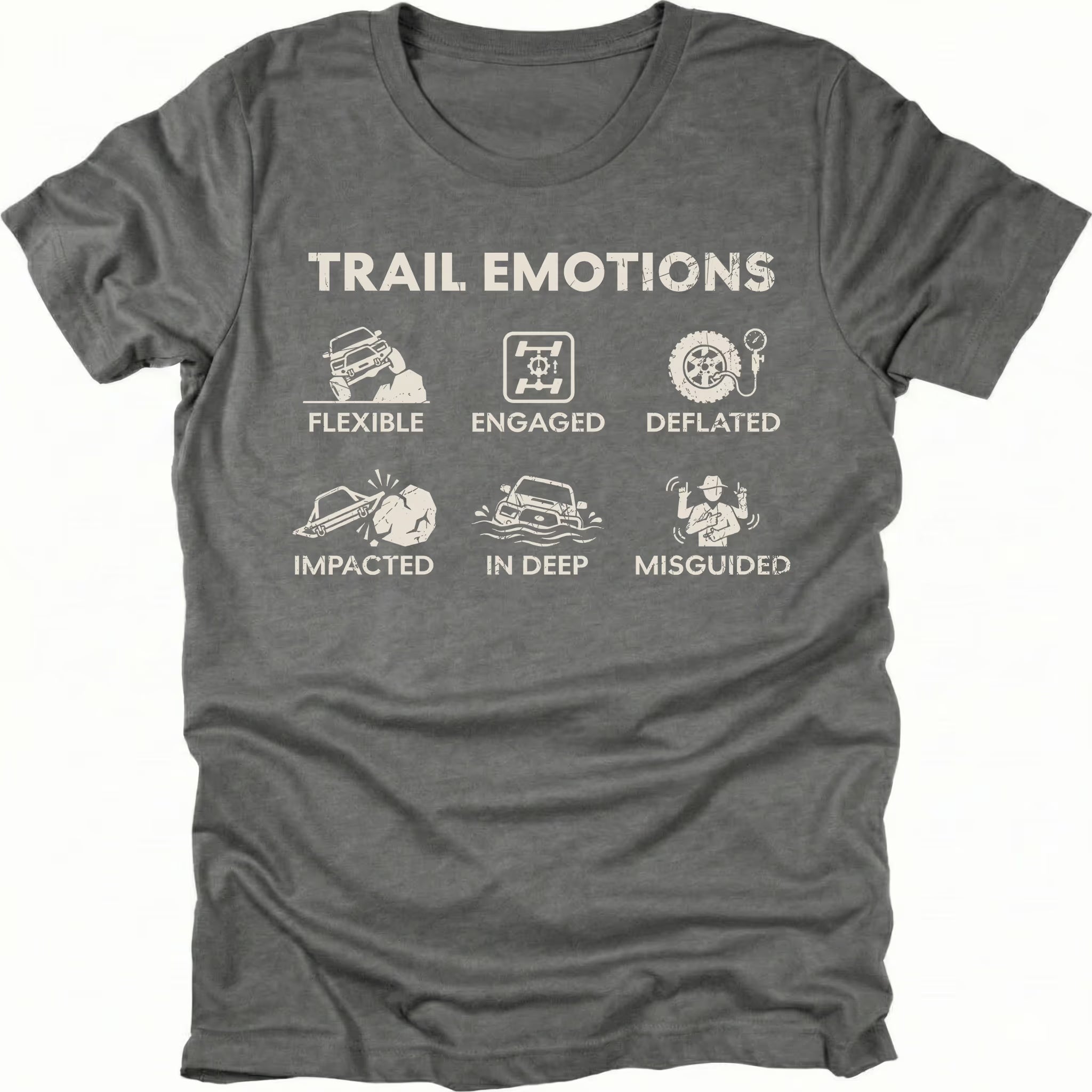 Grey t-shirt featuring Trail Emotions icons including flexible, engaged, deflated, impacted, in deep, and misguided trail situations by Trail Snark.