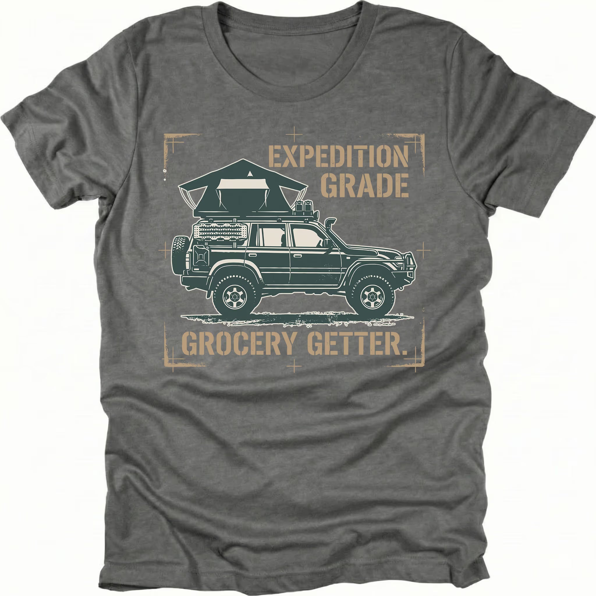 Grey t-shirt featuring expedition grade grocery getter off-road vehicle graphic shown from the front by Trail Snark.