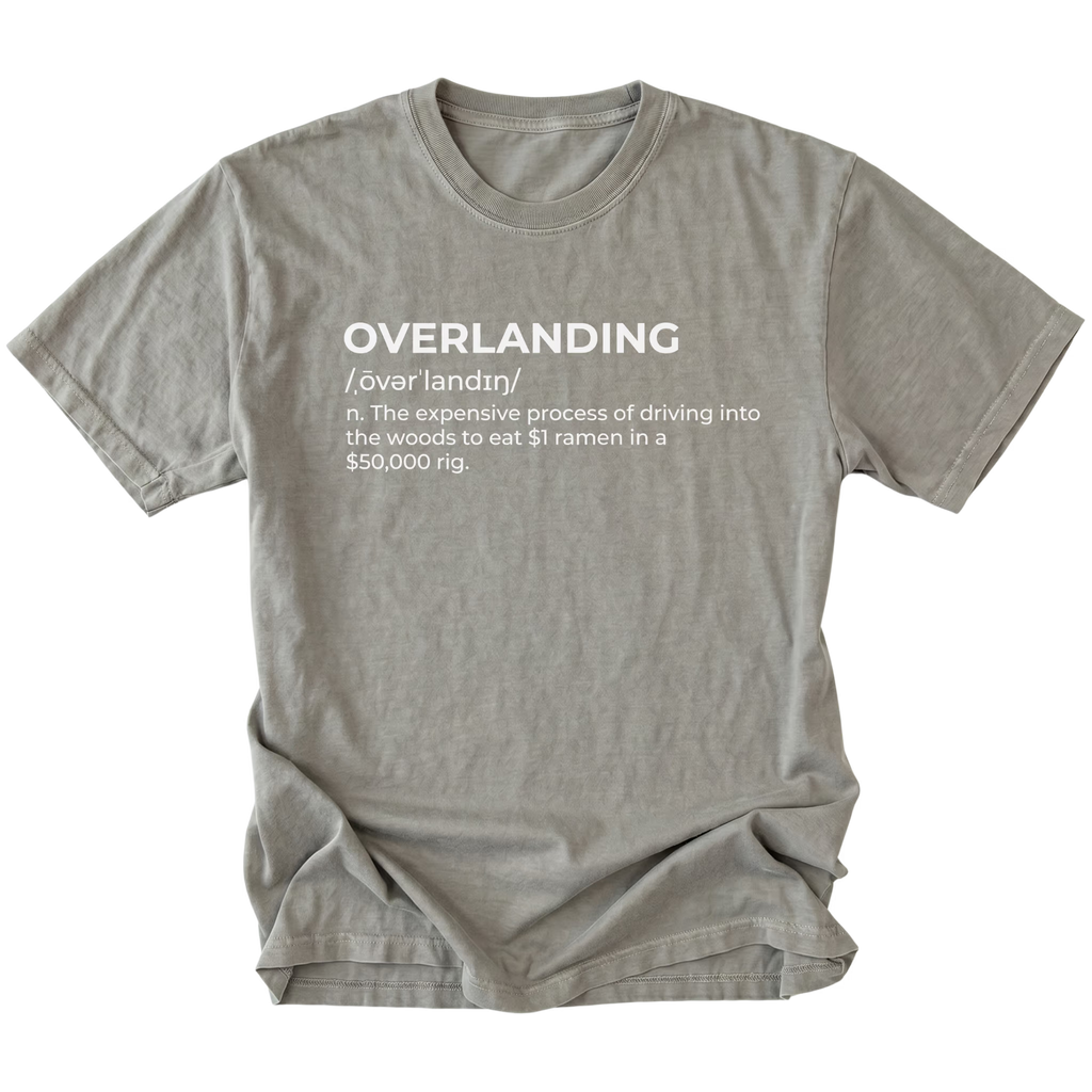 Grey T-Shirt with dictionary-style “Overlanding” definition text shown on front view by Trail Snark.