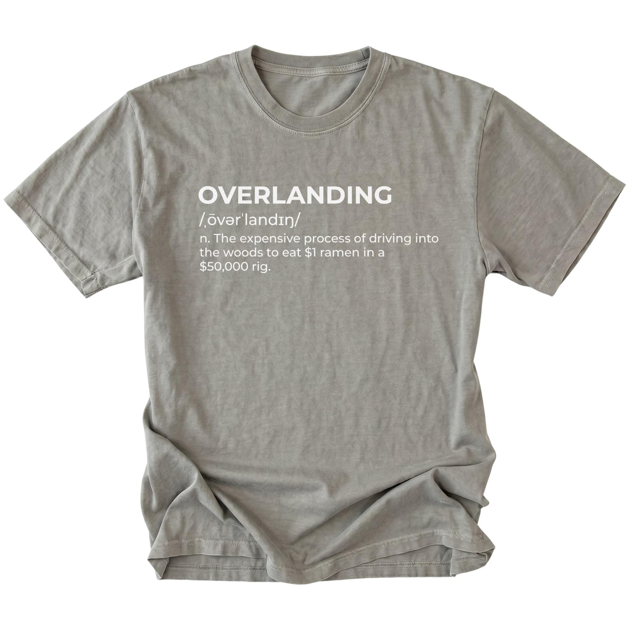 Grey T-Shirt with dictionary-style “Overlanding” definition text shown on front view by Trail Snark.