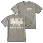 Grey T-shirt with Silently Judging Your Line Choice back design and Unofficial Spotter front chest print by Trail Snark.