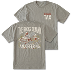 A gray t-shirt shown from both the front and back. The front features a small chest graphic reading 'TRAIL TAX' in red and cream.