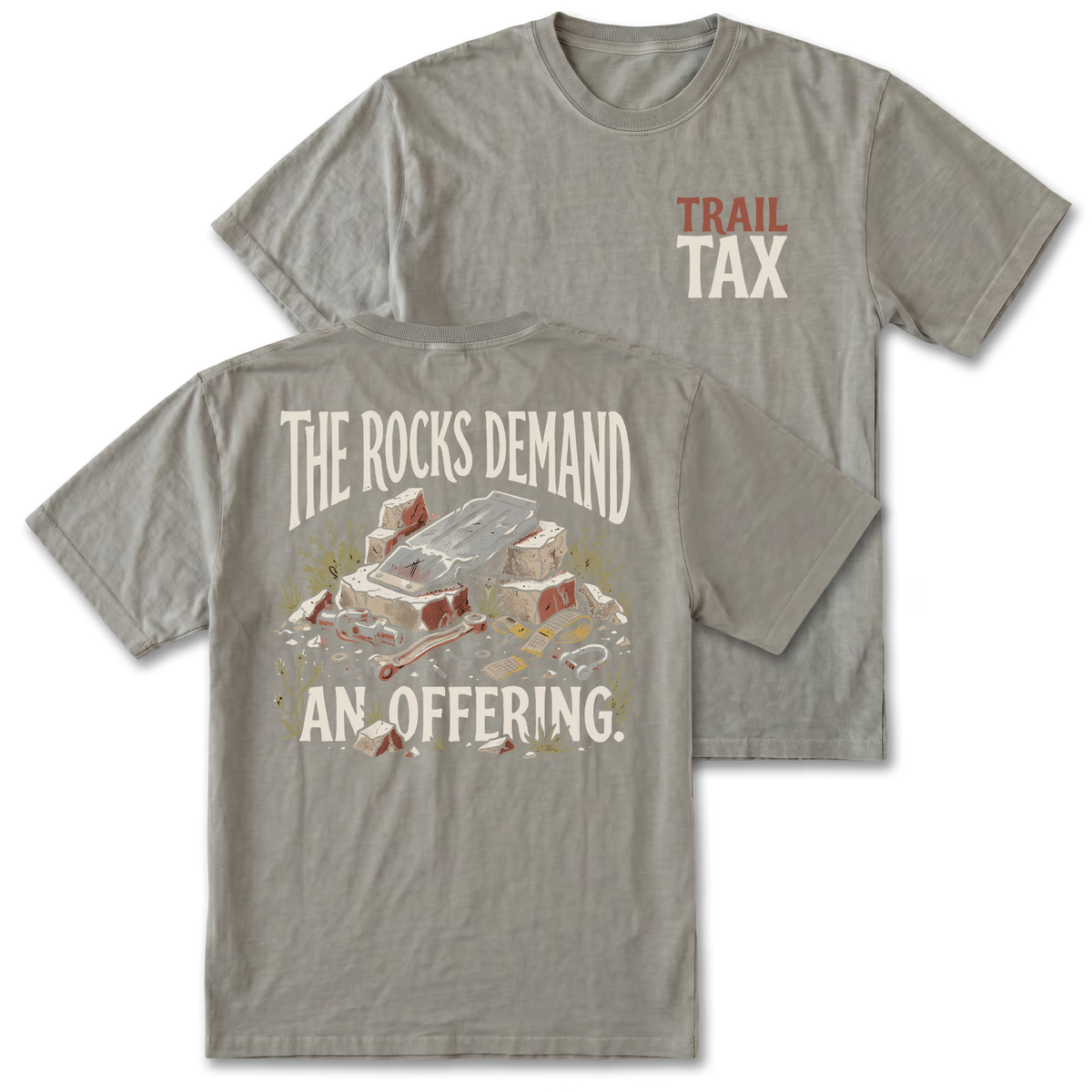 A gray t-shirt shown from both the front and back. The front features a small chest graphic reading 'TRAIL TAX' in red and cream.