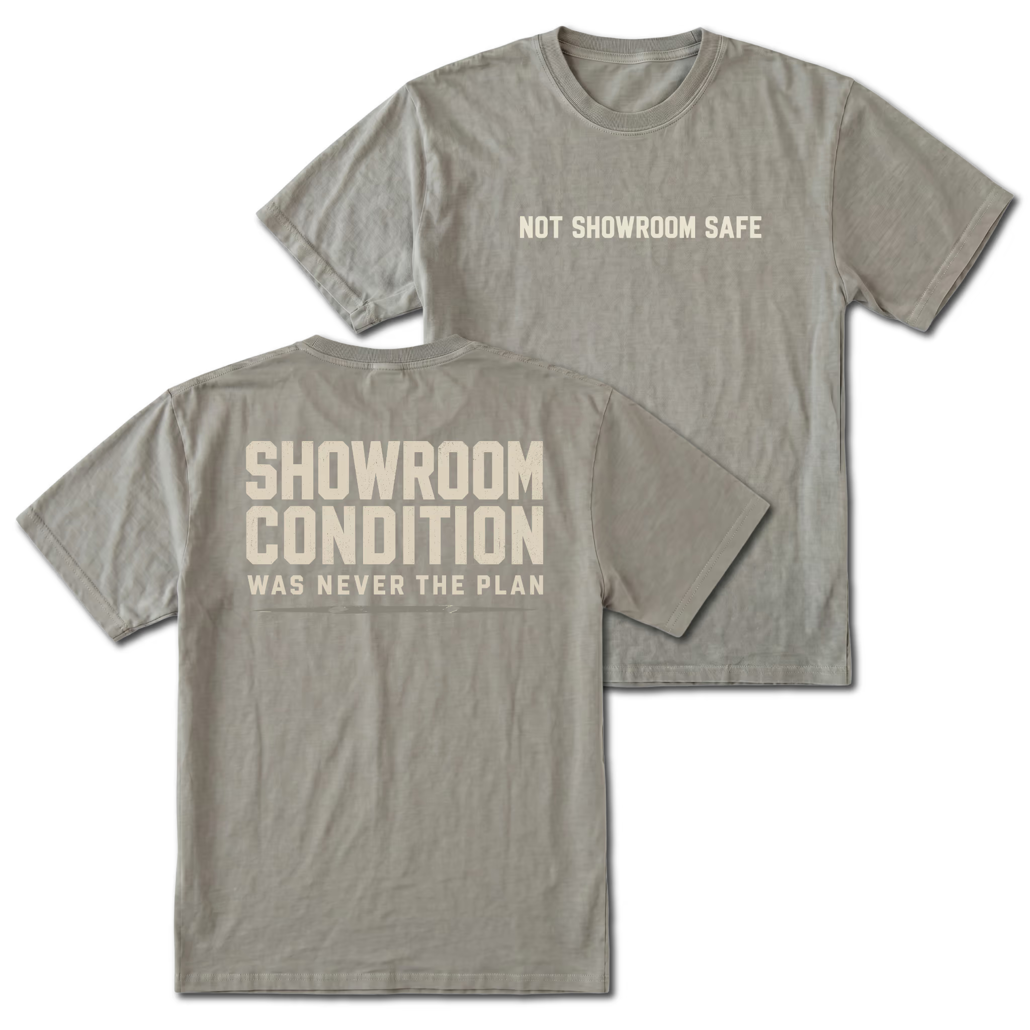 Grey T-shirt with a Showroom Condition Was Never The Plan design shown from the back view by Trail Snark.