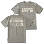 Grey t-shirt featuring the Mildly Competent Spotter design on the front and the after you hit the rock design on the back by Trail Snark.