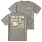 Two gray t-shirts shown on a white background, displaying both the front and back designs. The front shirt features the text 'CHIEF ENGINEER' in white on the left chest. The back features the text 'HOLD MY DRINK AND WATCH THIS LINE' and smaller text 'EXPERIMENTAL TACTICS' under.