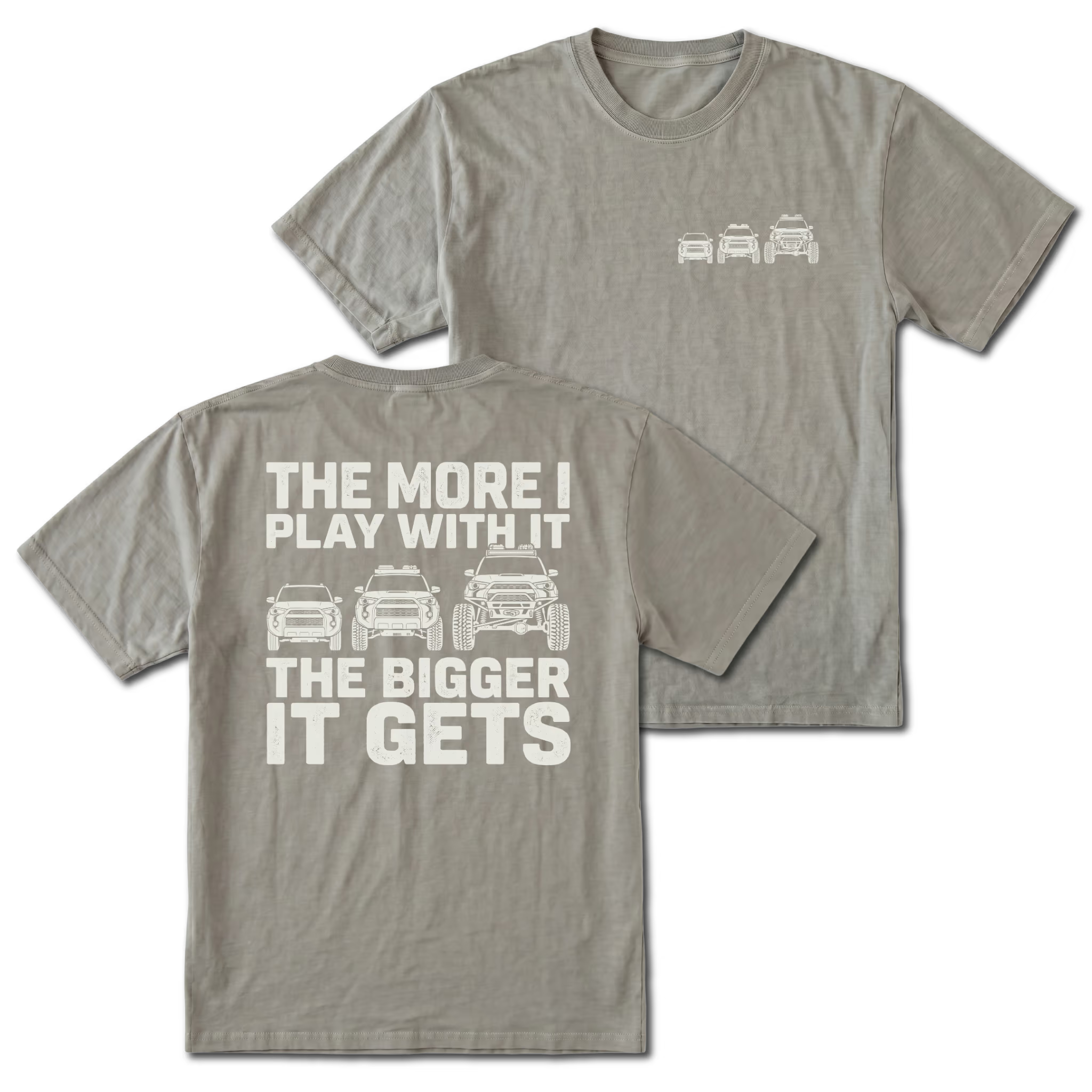 Grey T-shirt with The More I Play With It The Bigger It Gets truck build design shown from the back view by Trail Snark.