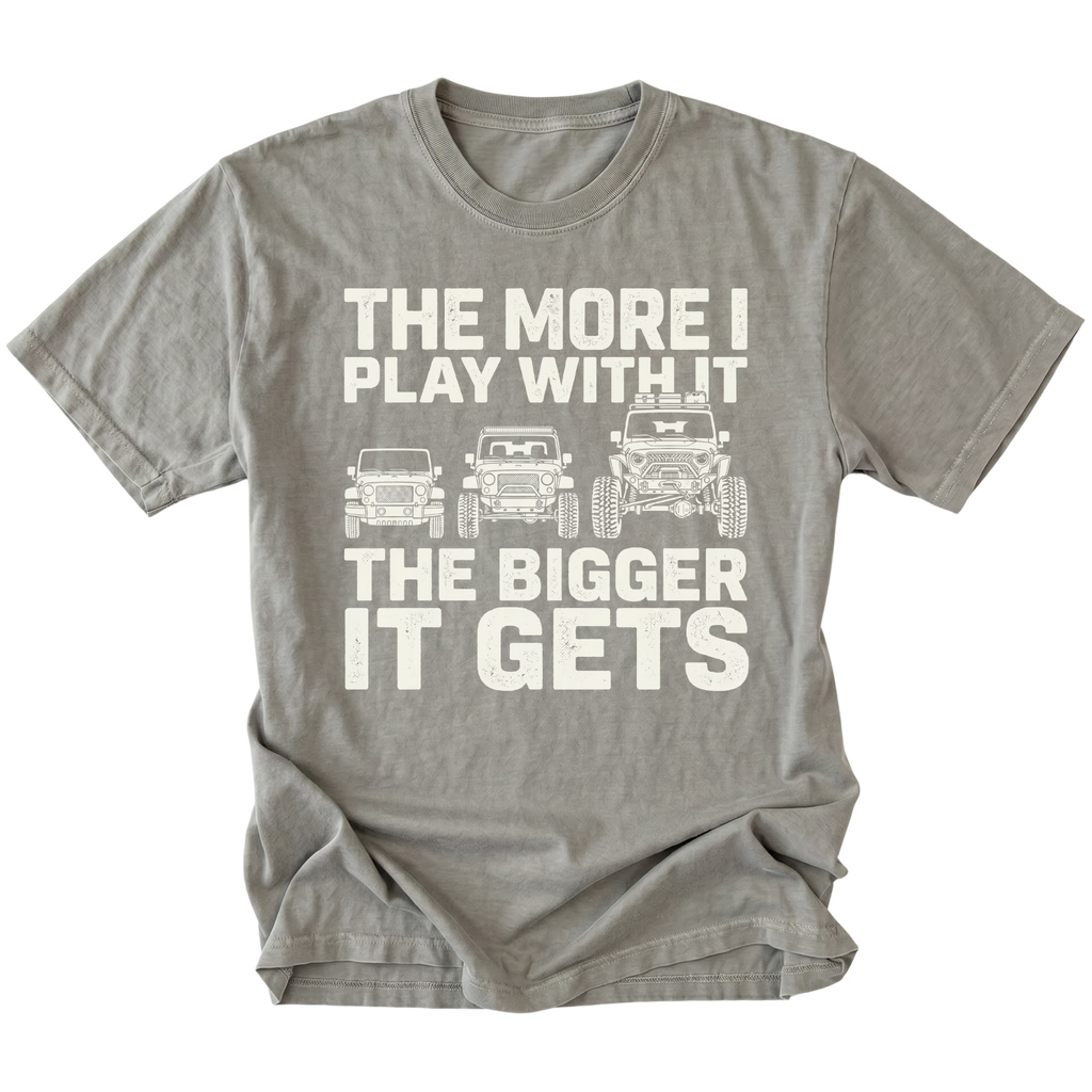 Grey T-Shirt featuring The More I Play With It The Bigger It Gets design with three progressively built Jeeps on the front view by Trail Snark.