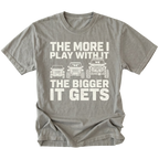 Grey T-Shirt featuring The More I Play With It The Bigger It Gets design with three progressively built Jeeps on the front view by Trail Snark.