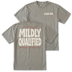 Two gray graphic t-shirt on a white background. The front view shows 'LEAD RIG' printed in white on the left chest, and the back view shows a large graphic reading 'MILDLY QUALIFIED' in white, with smaller orange text reading 'OFFICIAL TRAIL GUIDE' and 'UNOFFICIALLY TERRIBLE AT IT'.