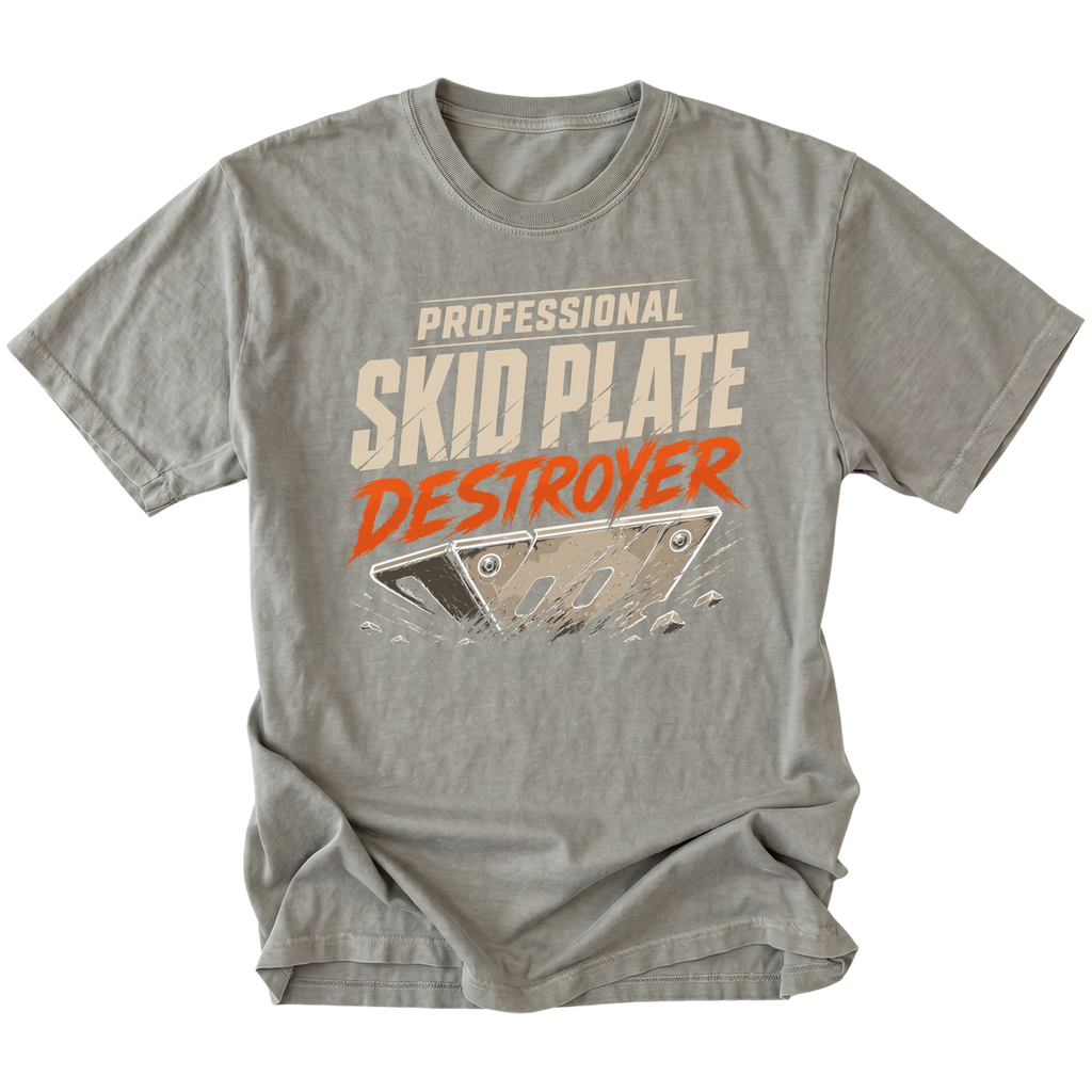 Grey T-Shirt featuring Professional Skid Plate Destroyer design with damaged skid plate graphic on front view by Trail Snark.