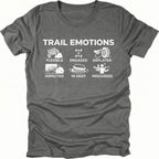 Grey t-shirt featuring “Trail Emotions” text with illustrated off-road icons labeled flexible, engaged, deflated, impacted, in deep, and misguided by Trail Snark.