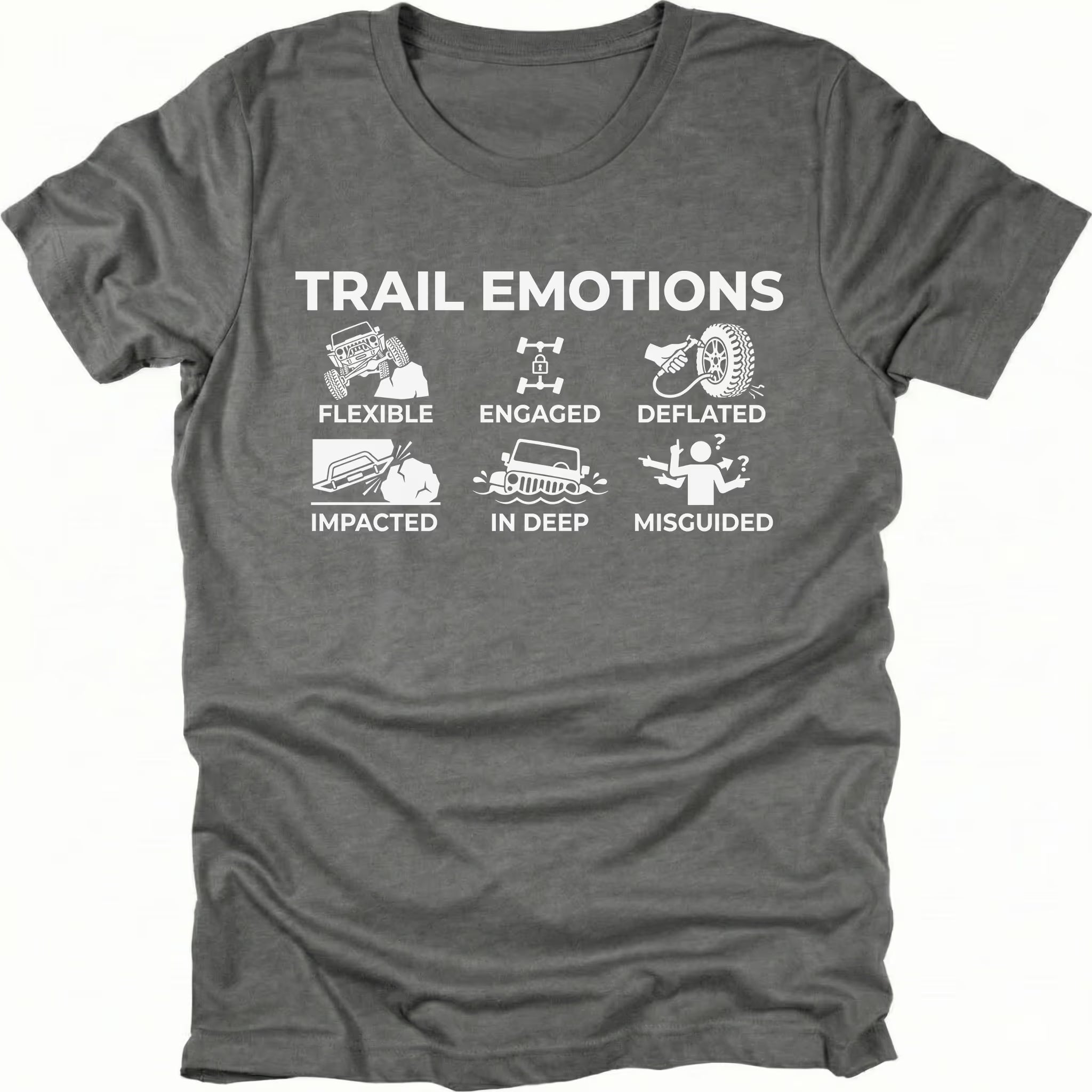 Grey t-shirt featuring “Trail Emotions” text with illustrated off-road icons labeled flexible, engaged, deflated, impacted, in deep, and misguided by Trail Snark.