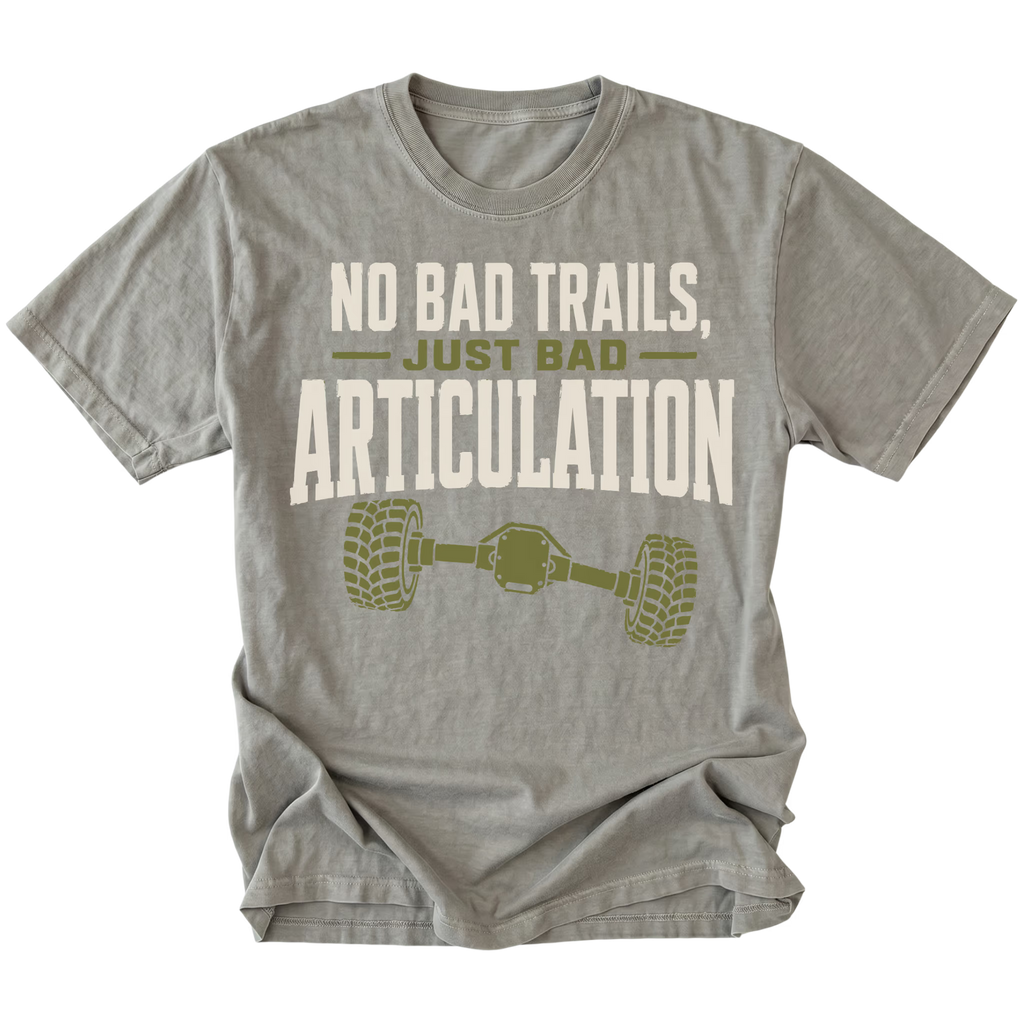 Grey T-shirt featuring the Bad Articulation axle design on the front by Trail Snark.