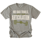 Grey T-shirt featuring the Bad Articulation axle design on the front by Trail Snark.