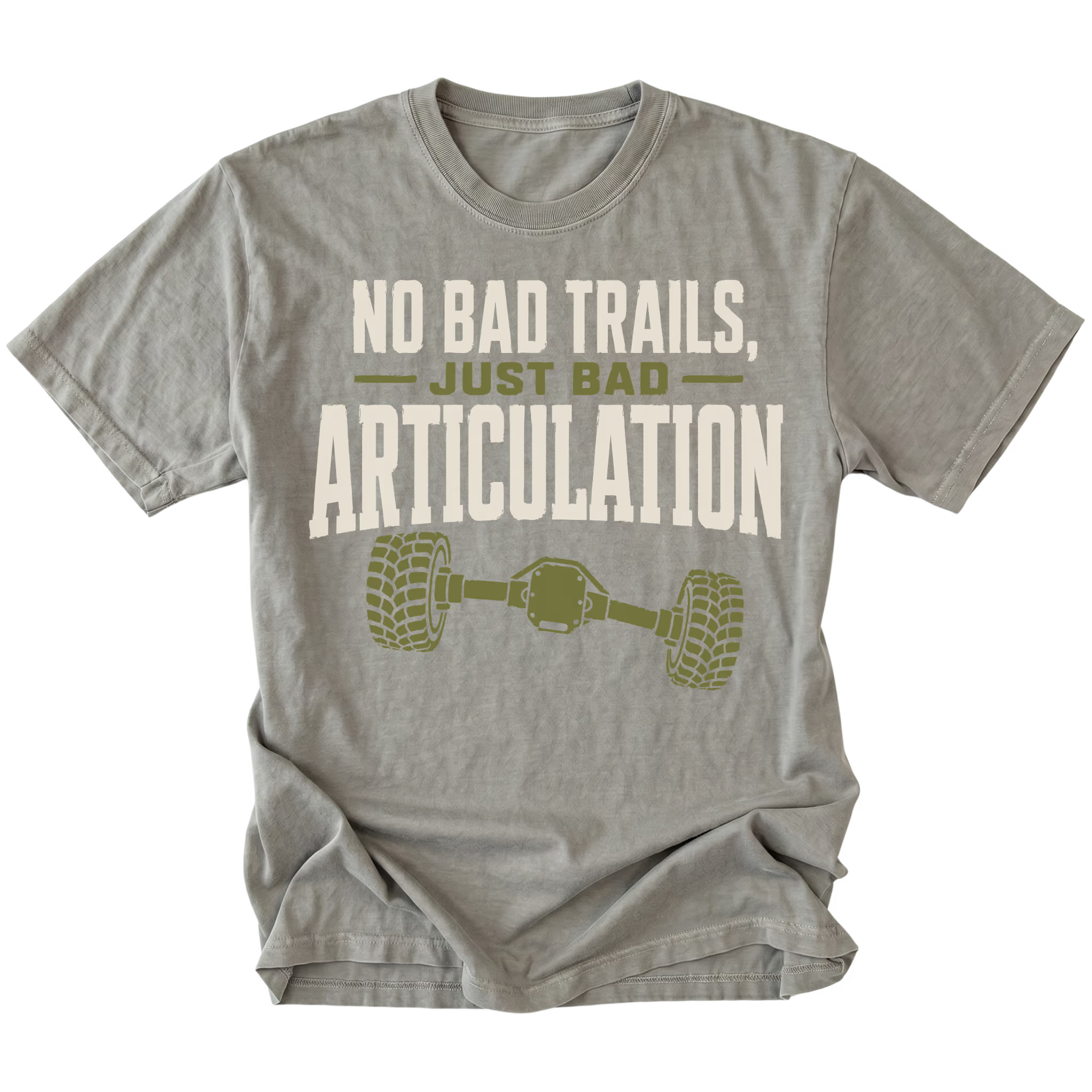 Grey T-shirt featuring the Bad Articulation axle design on the front by Trail Snark.