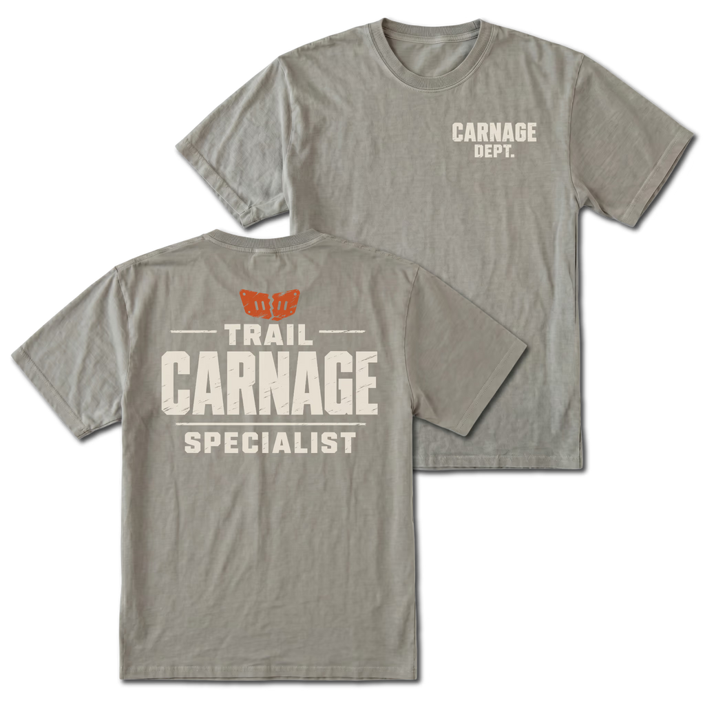 Grey T-shirt with Carnage Dept. on the front and the Trail Carnage Specialist design on the back by Trail Snark.