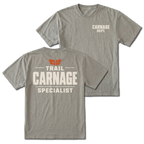 Grey T-shirt with Carnage Dept. on the front and the Trail Carnage Specialist design on the back by Trail Snark.