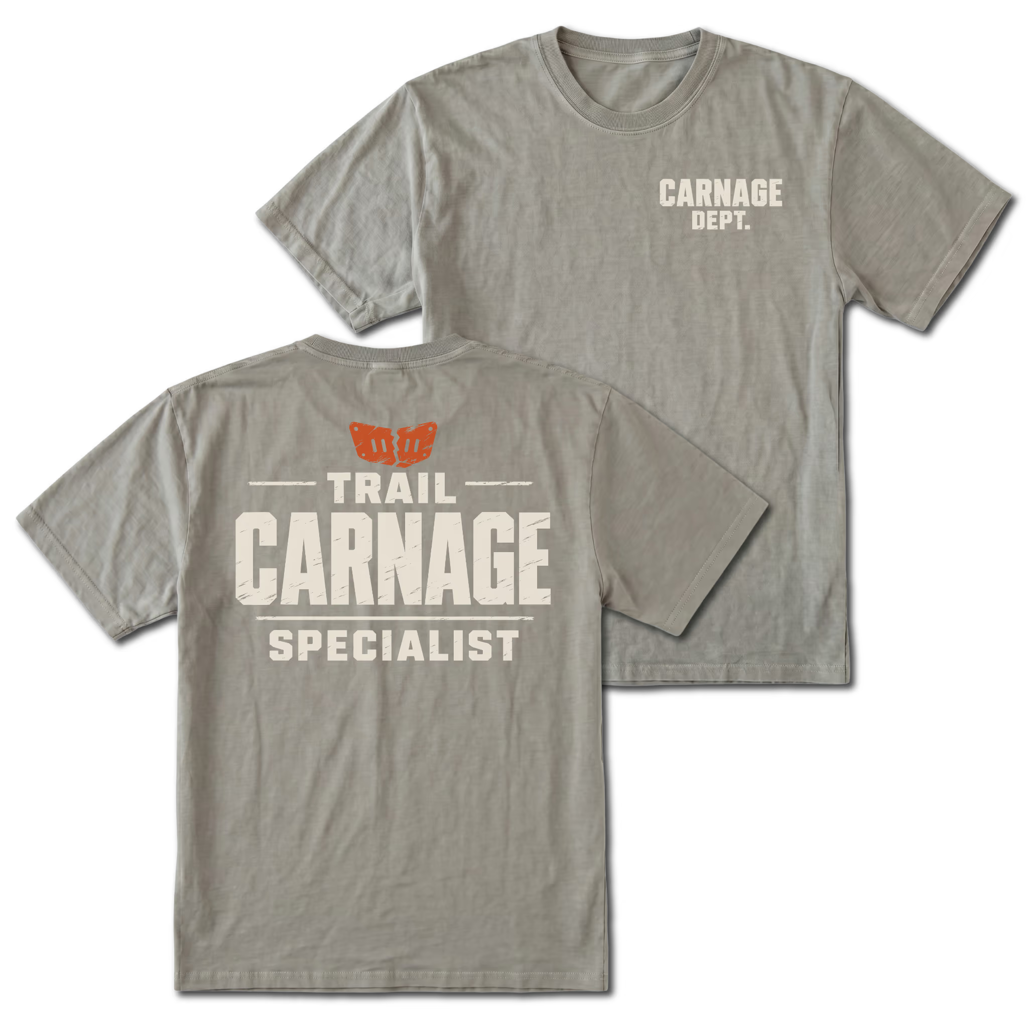 Grey T-shirt with Carnage Dept. on the front and the Trail Carnage Specialist design on the back by Trail Snark.