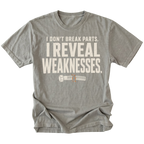 Grey t-shirt featuring the Reveal Weaknesses design on the front by Trail Snark.
