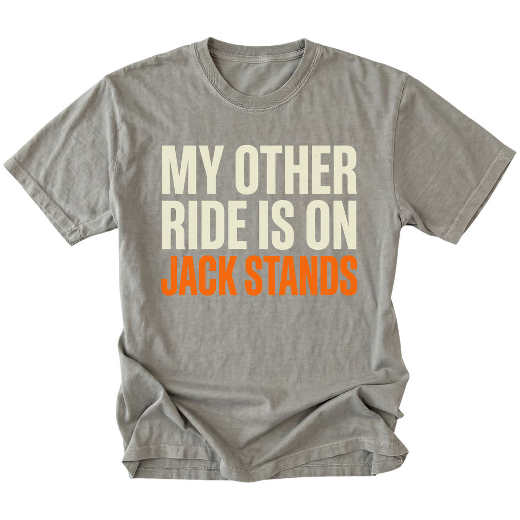 Grey t-shirt with My Other Ride Is On Jack Stands text design shown front view by Trail Snark.