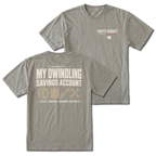 Grey T-shirt with Parts Budget Status Critical front print and My Dwindling Savings Account back design shown front and back by Trail Snark.