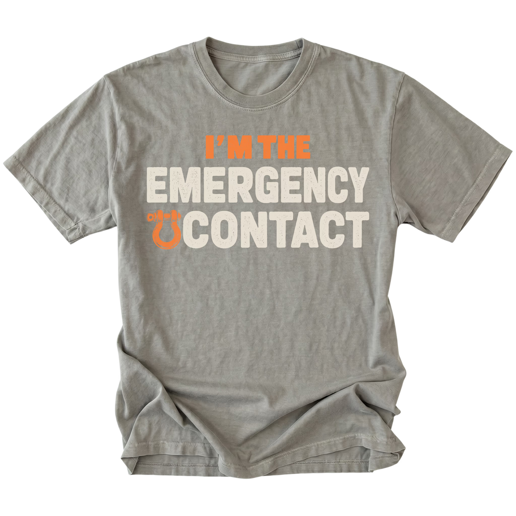Grey T-shirt featuring the Emergency Contact design with a recovery shackle on the front by Trail Snark.