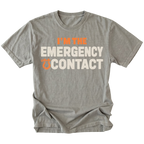 Grey T-shirt featuring the Emergency Contact design with a recovery shackle on the front by Trail Snark.