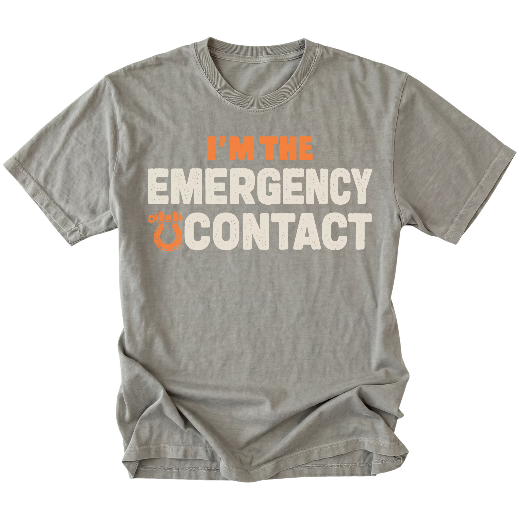 Grey T-shirt featuring the Emergency Contact design with a recovery shackle on the front by Trail Snark.