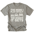 Grey T-Shirt featuring The More I Play With It The Bigger It Gets design with three progressively modified Lexus RX style SUVs on the front view by Trail Snark.