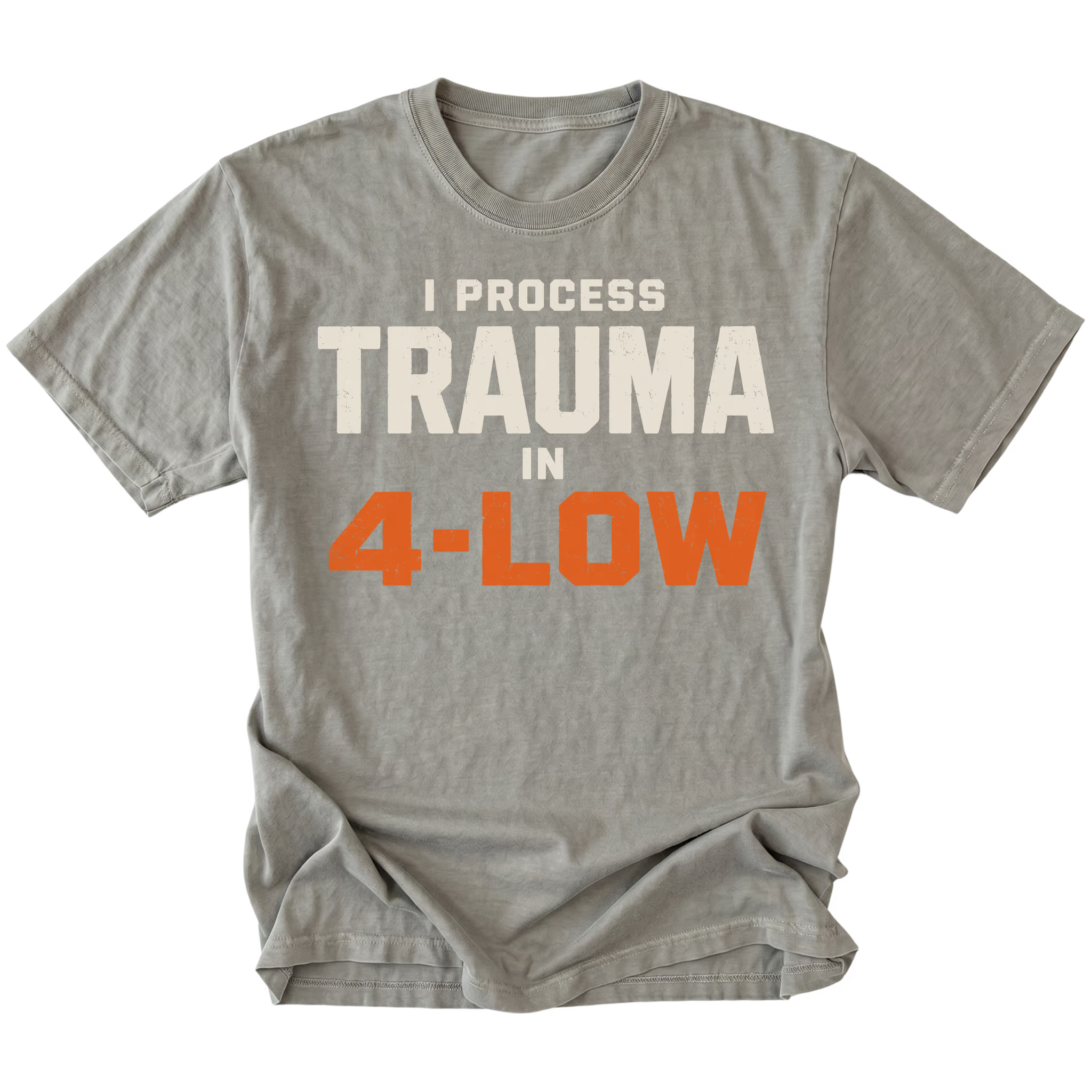 Grey t-shirt featuring the 4-Low Trauma design on the front by Trail Snark.