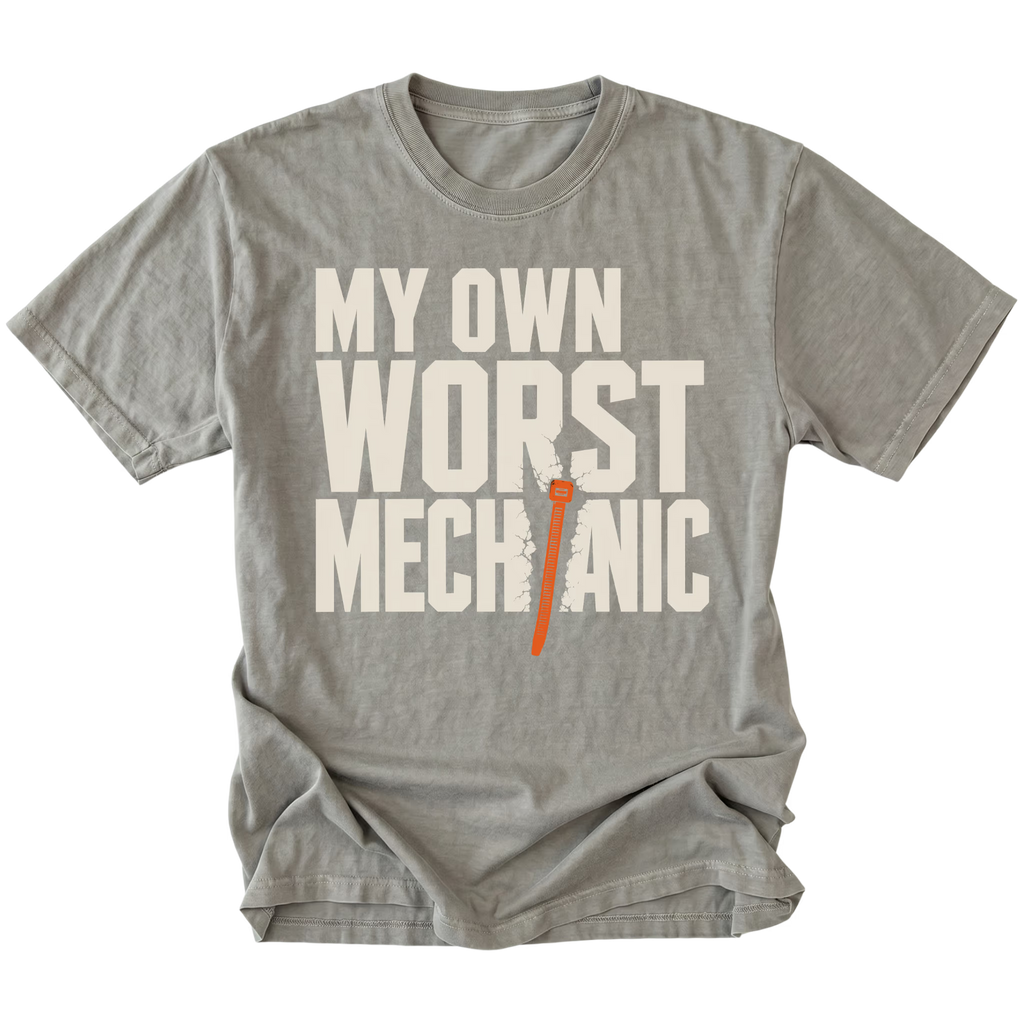 Grey T-Shirt featuring the My Own Worst Mechanic design on the front by Trail Snark.