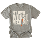 Grey T-Shirt featuring the My Own Worst Mechanic design on the front by Trail Snark.