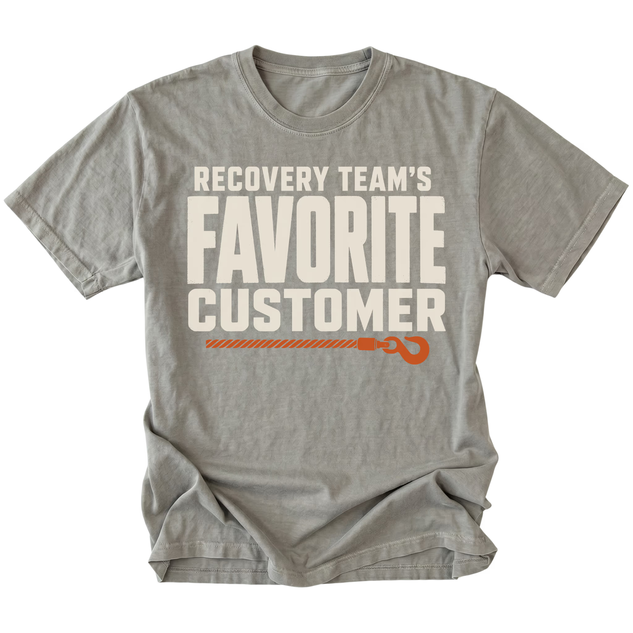 Grey T-shirt featuring the Favorite Customer recovery design on the front by Trail Snark.