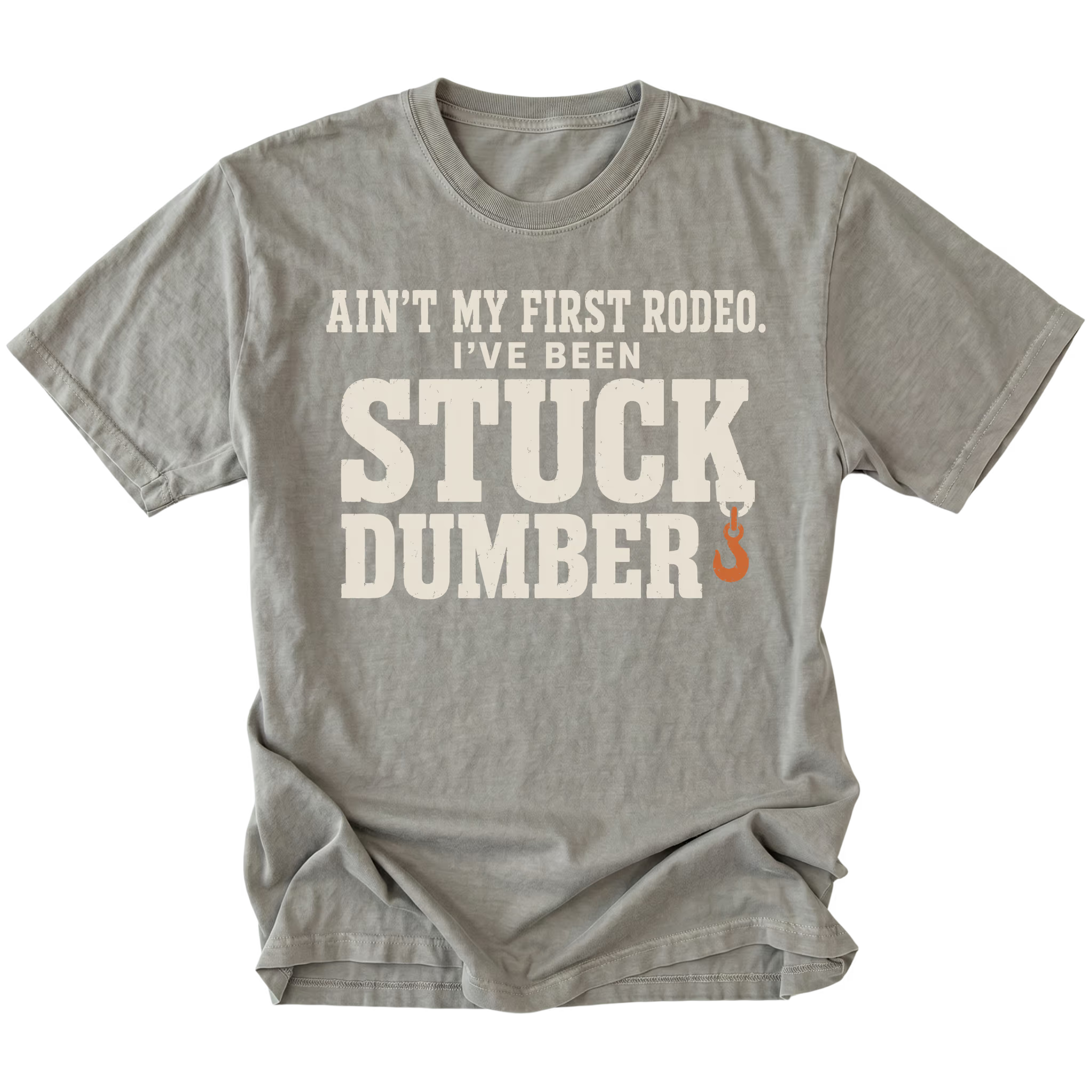 Grey t-shirt featuring the Stuck Dumber design on the front by Trail Snark.