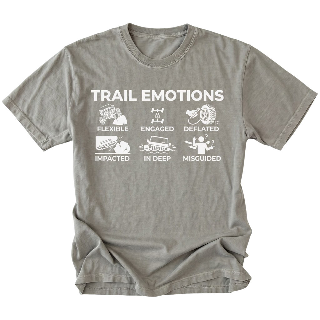 Grey t-shirt featuring “Trail Emotions” text with illustrated off-road icons labeled flexible, engaged, deflated, impacted, in deep, and misguided by Trail Snark.