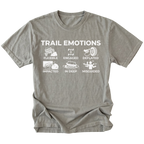 Grey t-shirt featuring “Trail Emotions” text with illustrated off-road icons labeled flexible, engaged, deflated, impacted, in deep, and misguided by Trail Snark.