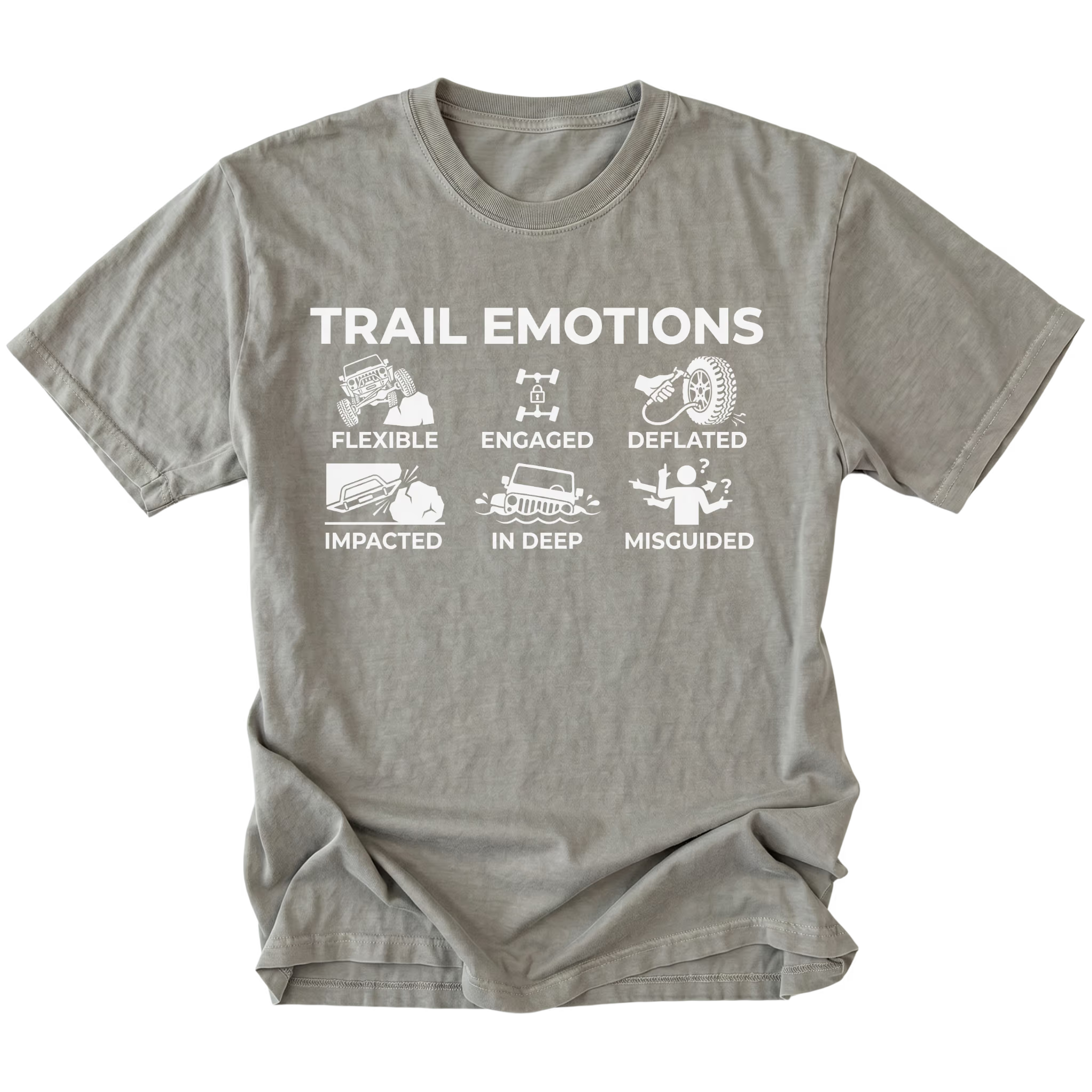 Grey t-shirt featuring “Trail Emotions” text with illustrated off-road icons labeled flexible, engaged, deflated, impacted, in deep, and misguided by Trail Snark.