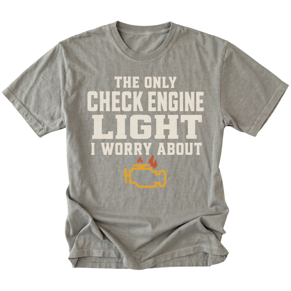 Grey t-shirt featuring the Check Engine Light design on the front by Trail Snark.