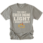 Grey t-shirt featuring the Check Engine Light design on the front by Trail Snark.