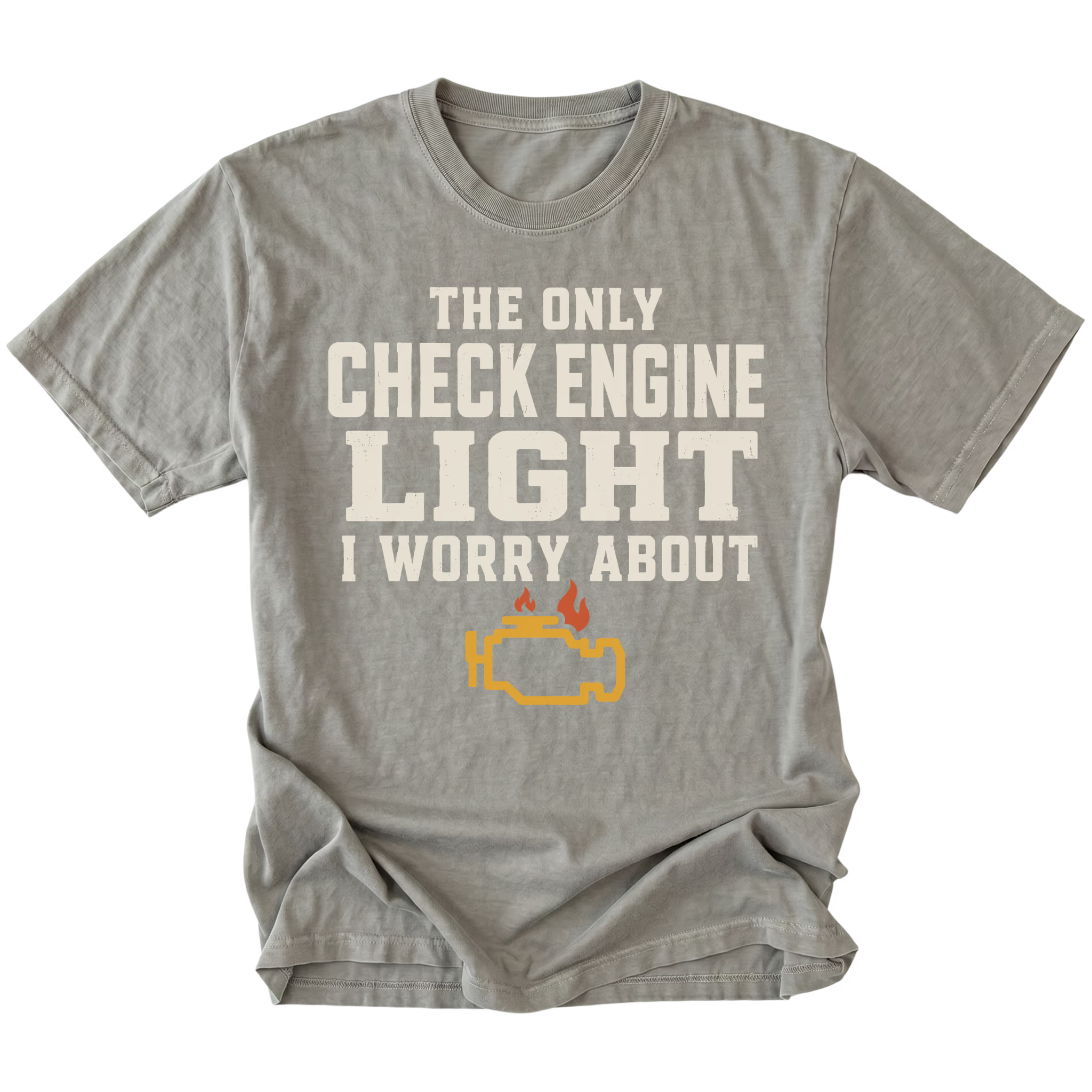 Grey t-shirt featuring the Check Engine Light design on the front by Trail Snark.