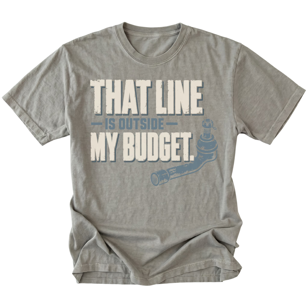 Grey T-shirt featuring the Budget Line tie rod design on the front by Trail Snark.