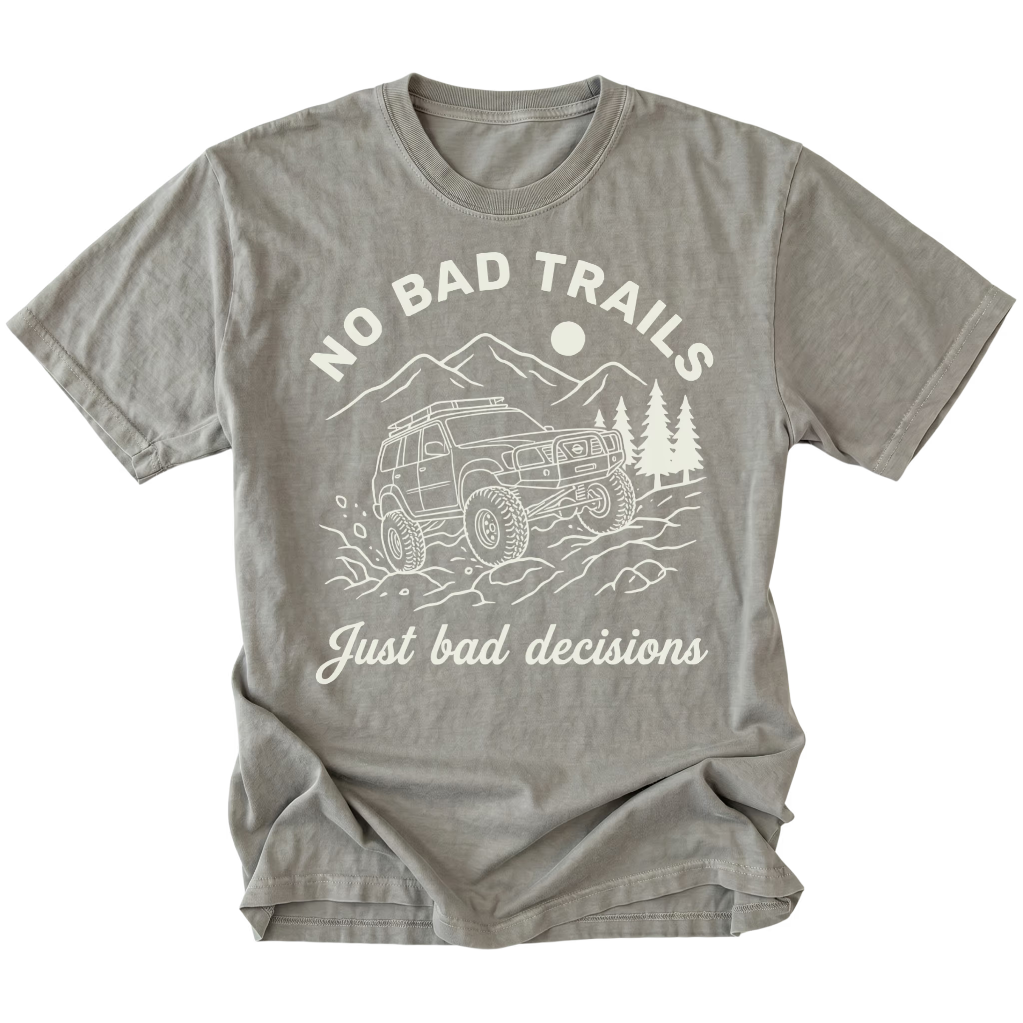Grey t-shirt featuring an off-road SUV climbing rocks with text reading No Bad Trails Just Bad Decisions, front view by Trail Snark.