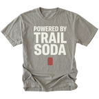 Grey T-Shirt featuring the Powered by Trail Soda design with a red can graphic on the front view by Trail Snark.