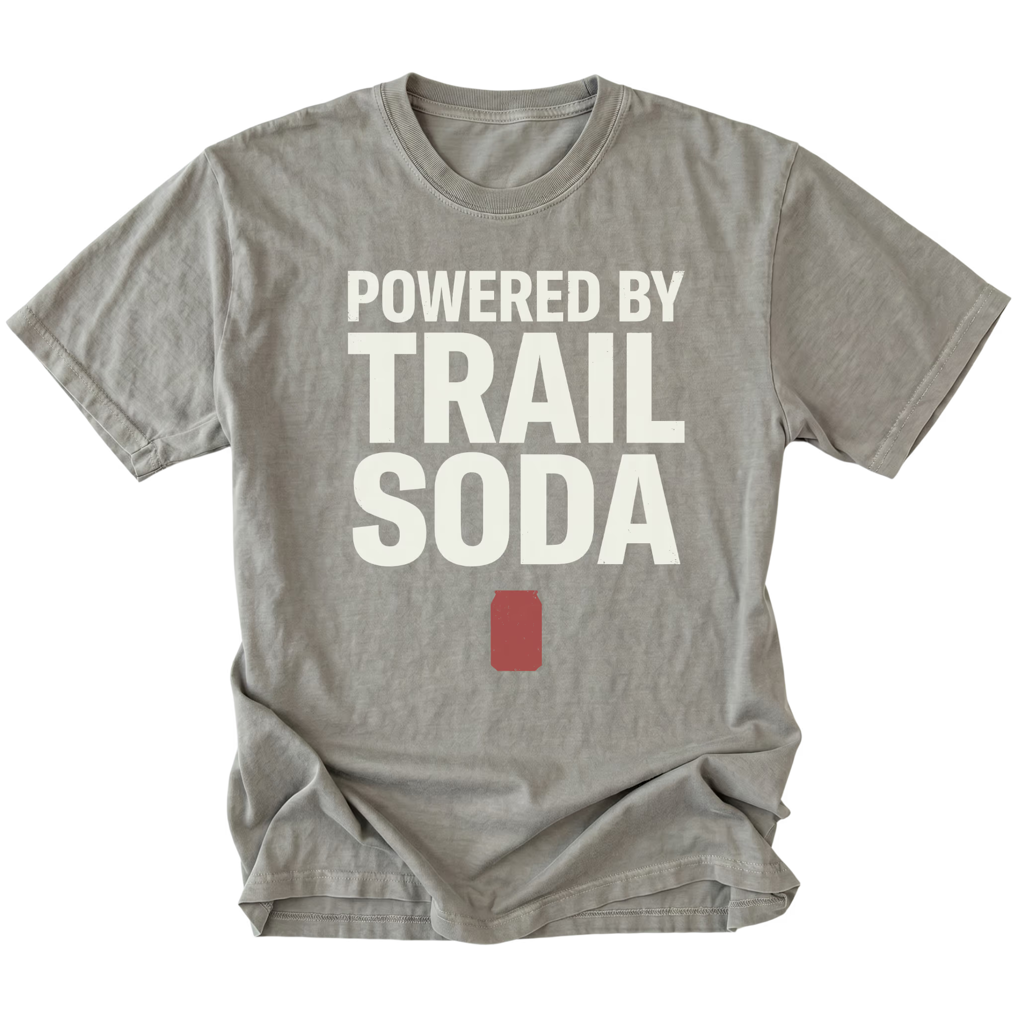 Grey T-Shirt featuring the Powered by Trail Soda design with a red can graphic on the front view by Trail Snark.
