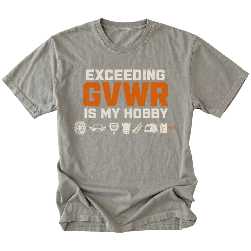 Grey T-shirt with an Exceeding GVWR Is My Hobby design shown from the front by Trail Snark.