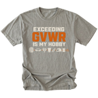 Grey T-shirt with an Exceeding GVWR Is My Hobby design shown from the front by Trail Snark.
