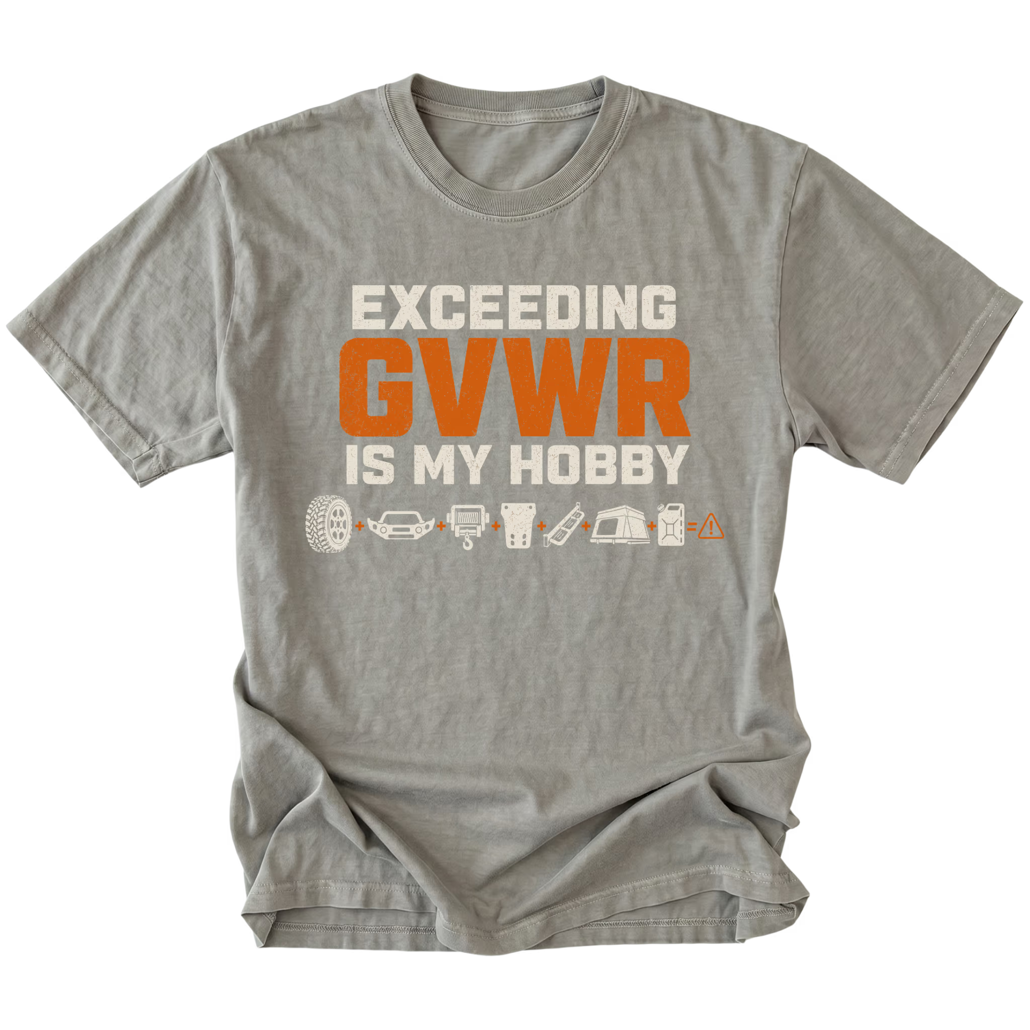 Grey T-shirt with an Exceeding GVWR Is My Hobby design shown from the front by Trail Snark.